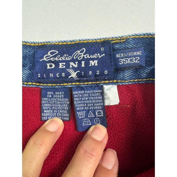 VTG - EDDIE BAUER Fleece Lined Jeans, Medium Wash, Zip Fly, Sz 35x32 - Picture 7 of 8